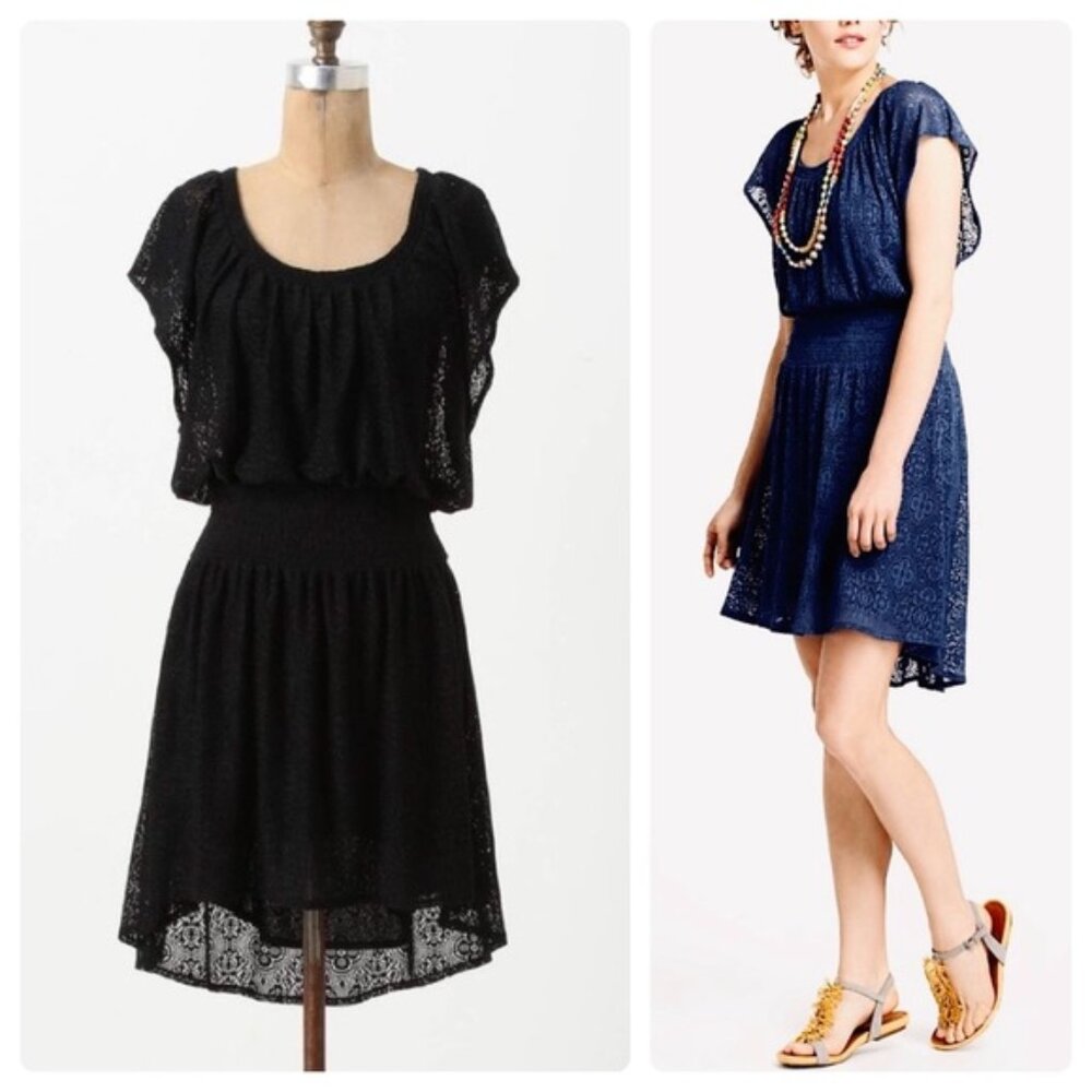 NWT Anthropologie•LEIFNOTES• Black Smocked High Low Mini Dress Sz. L